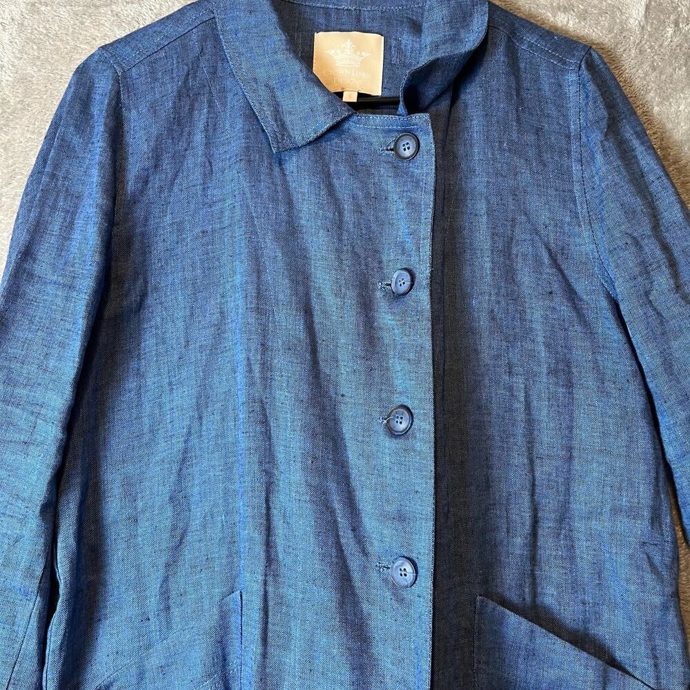 Crown Linen‎ Designs Women’s 100% Linen Long Jacket Sz Small Blue - Picture 2 of 7